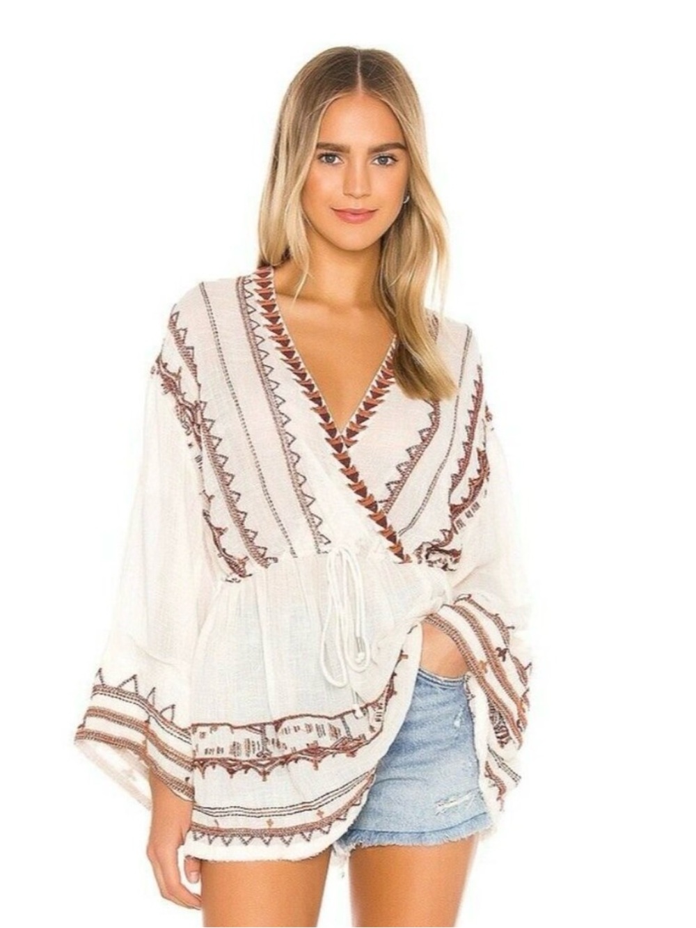 Free People Embroidered Boho Peasant Tunic Top Ivory Brown Drawstring S/P